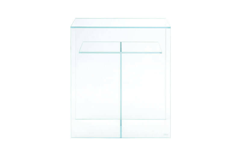 Clear glass ADA Cube Cabinet with a minimalist design, front-facing view showing sleek, transparent panels and seamless structure, ideal for modern aquascaping setups.