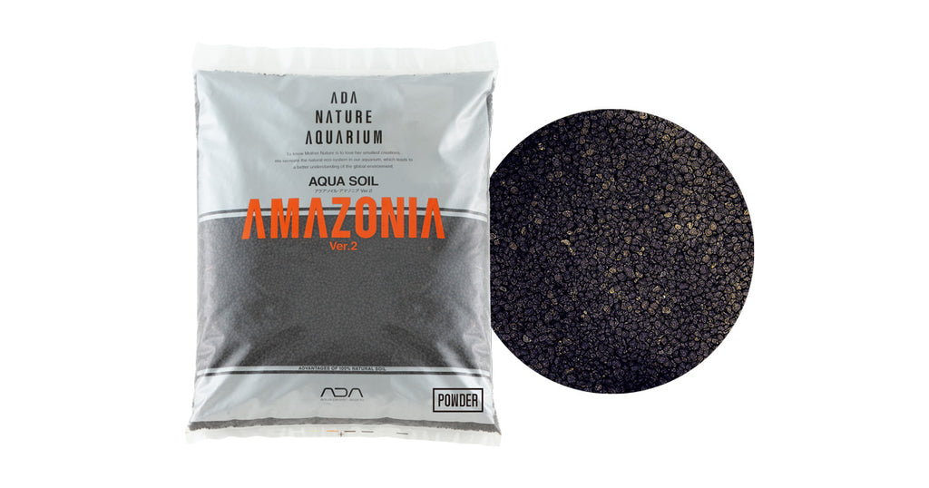 ADA Aqua Soil Amazonia Ver. 2 Powder (3L) – product image showing the sealed bag packaging with bold orange branding and a close-up view of the fine-grain black substrate texture, ideal for planted aquariums.