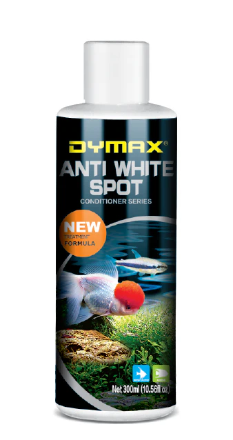 Dymax Anti White Spot conditioner bottle for aquariums on a white background
