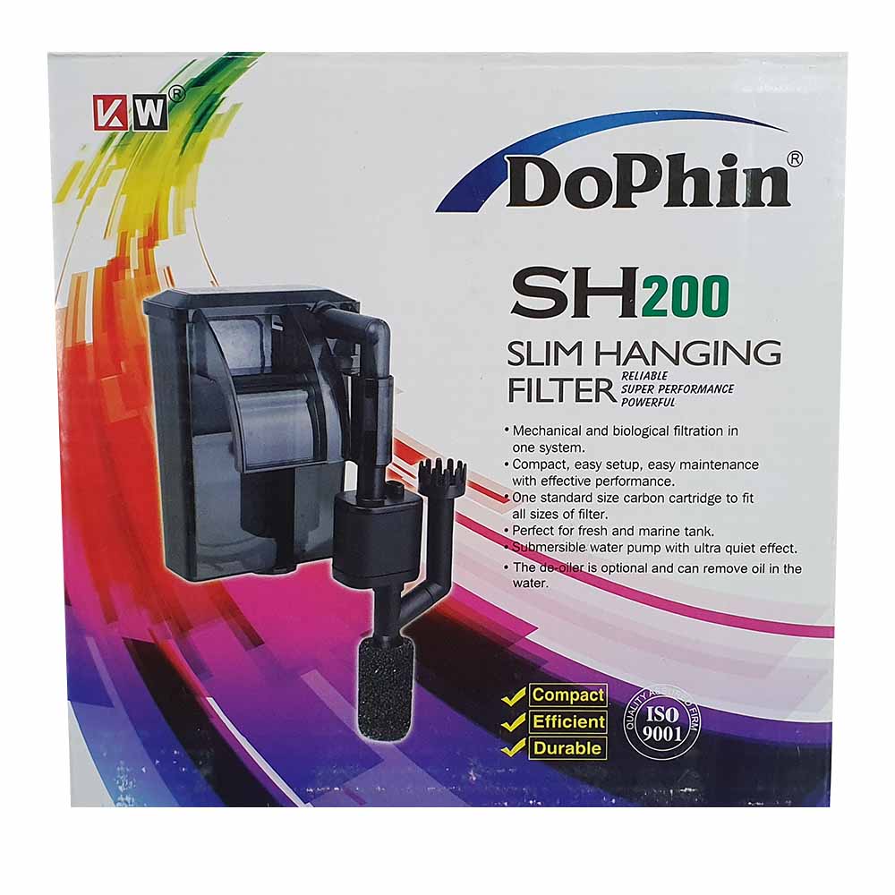 Front view of the Dophin SH-200 Slim Hanging Filter packaging, displaying the compact filter system, bold product title, and feature highlights on a dynamic, colorful backdrop.