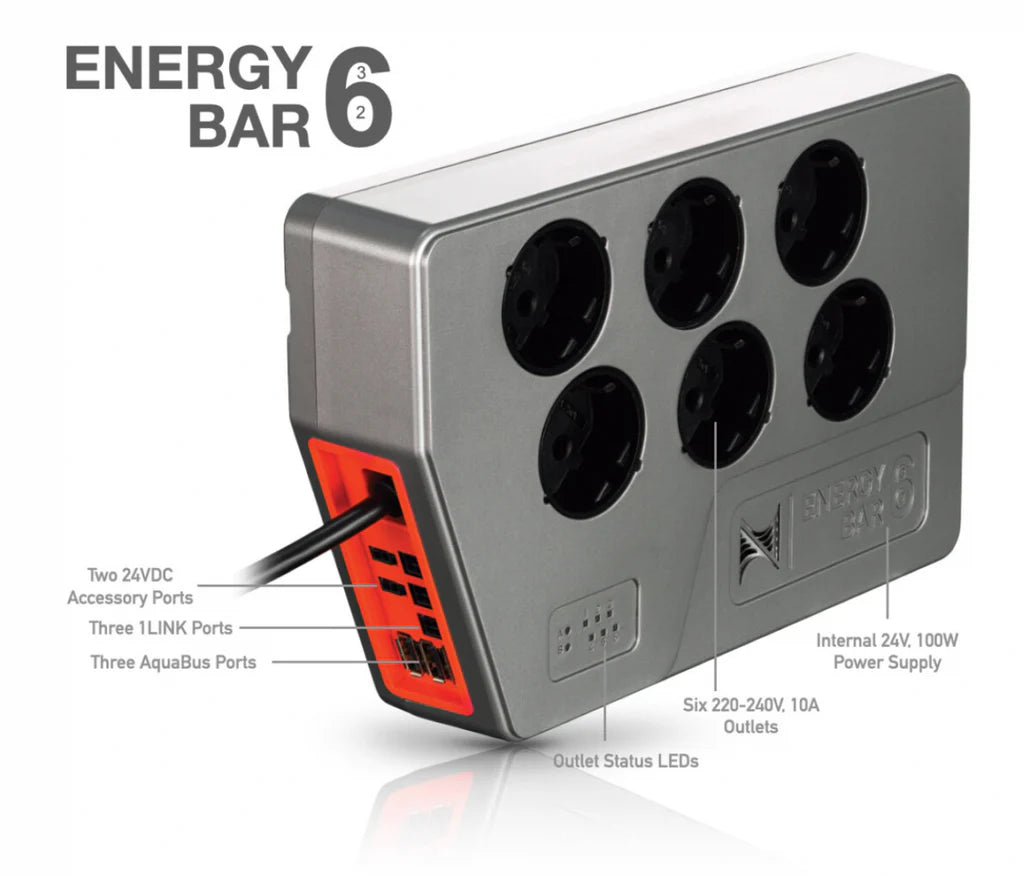Neptune Systems Energy Bar 632 power module with six controllable outlets, integrated 1LINK and 24V accessory ports, and labeled outlet configuration for Apex aquarium systems.