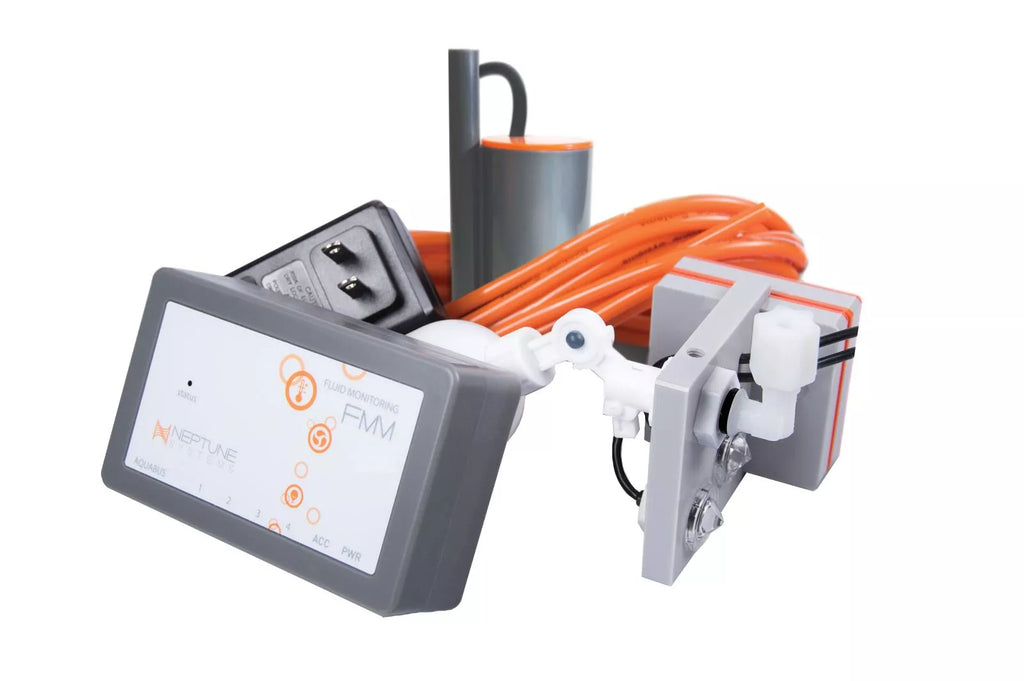 "Neptune Systems Automatic Top-Off Kit V2 including Fluid Monitoring Module (FMM), dual optical sensors, PMUP utility pump, power supply, and mounting accessories for Apex integration