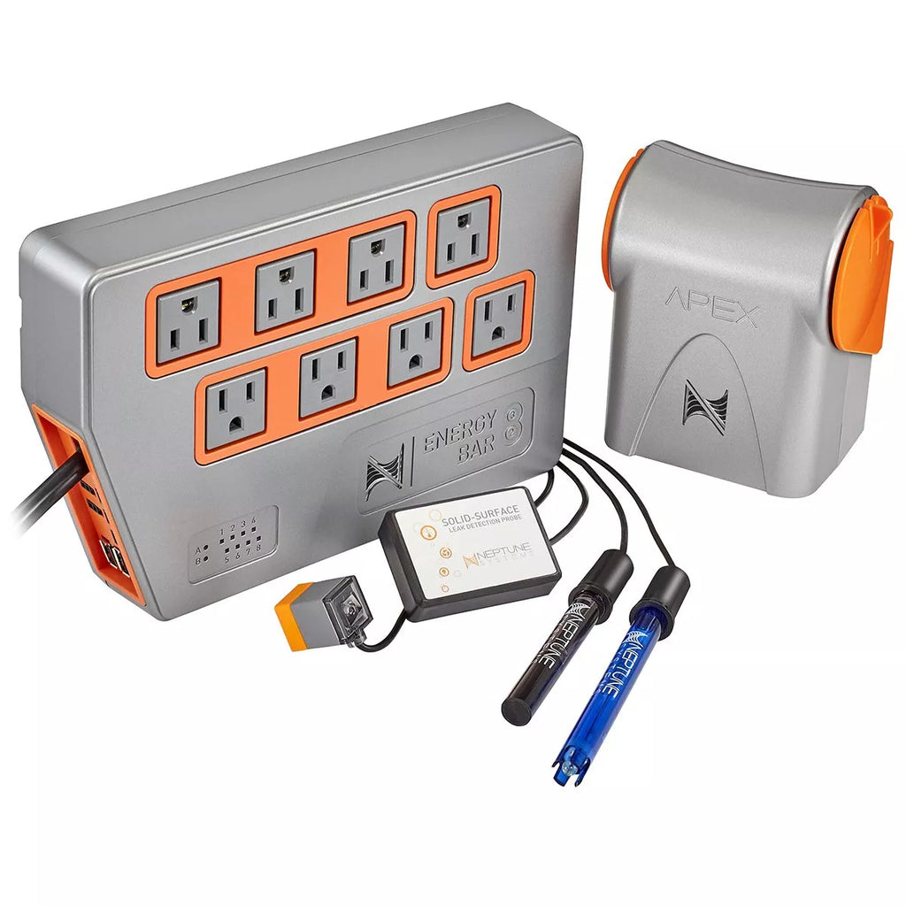 Neptune Systems Apex System A3 complete set, featuring the Energy Bar 832 with eight outlets, A3 Apex Base Unit, temperature and pH probes, and solid-surface leak detection module.
