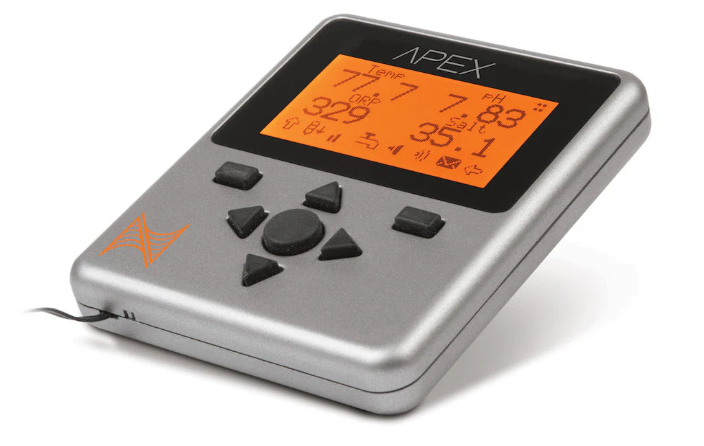 Neptune Systems Apex Display Module with illuminated LCD screen showing real-time temperature, pH, ORP, and salinity readings, featuring navigation buttons for manual control.