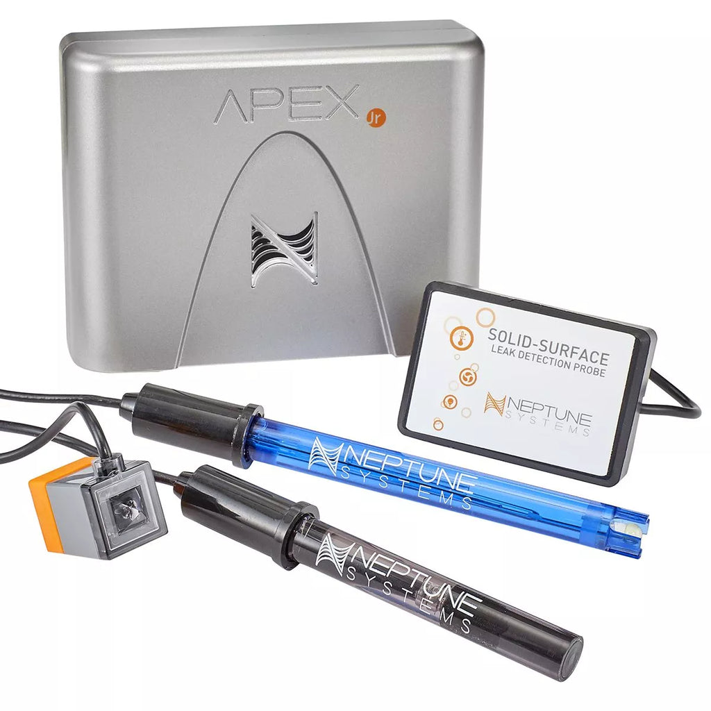 Neptune Systems Apex Jr. System A3 kit including the Apex Jr. Base Unit, solid-surface leak detection probe, temperature probe, and optional pH probe.