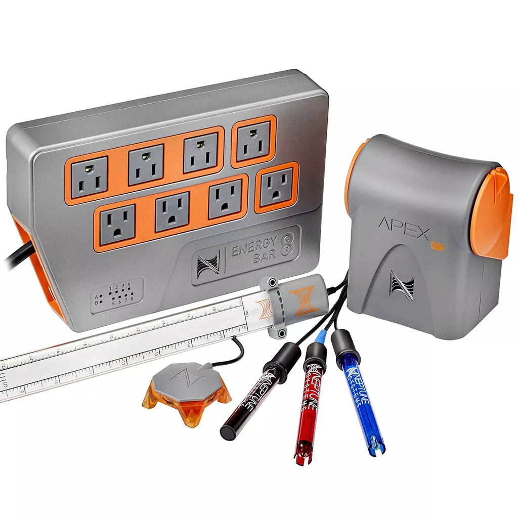 Neptune Systems Apex Pro System A3 complete kit featuring Apex Pro Base Unit, Energy Bar 832, temperature, pH, and salinity probes, solid-surface leak detection sensor, and lab-grade calibration equipment.