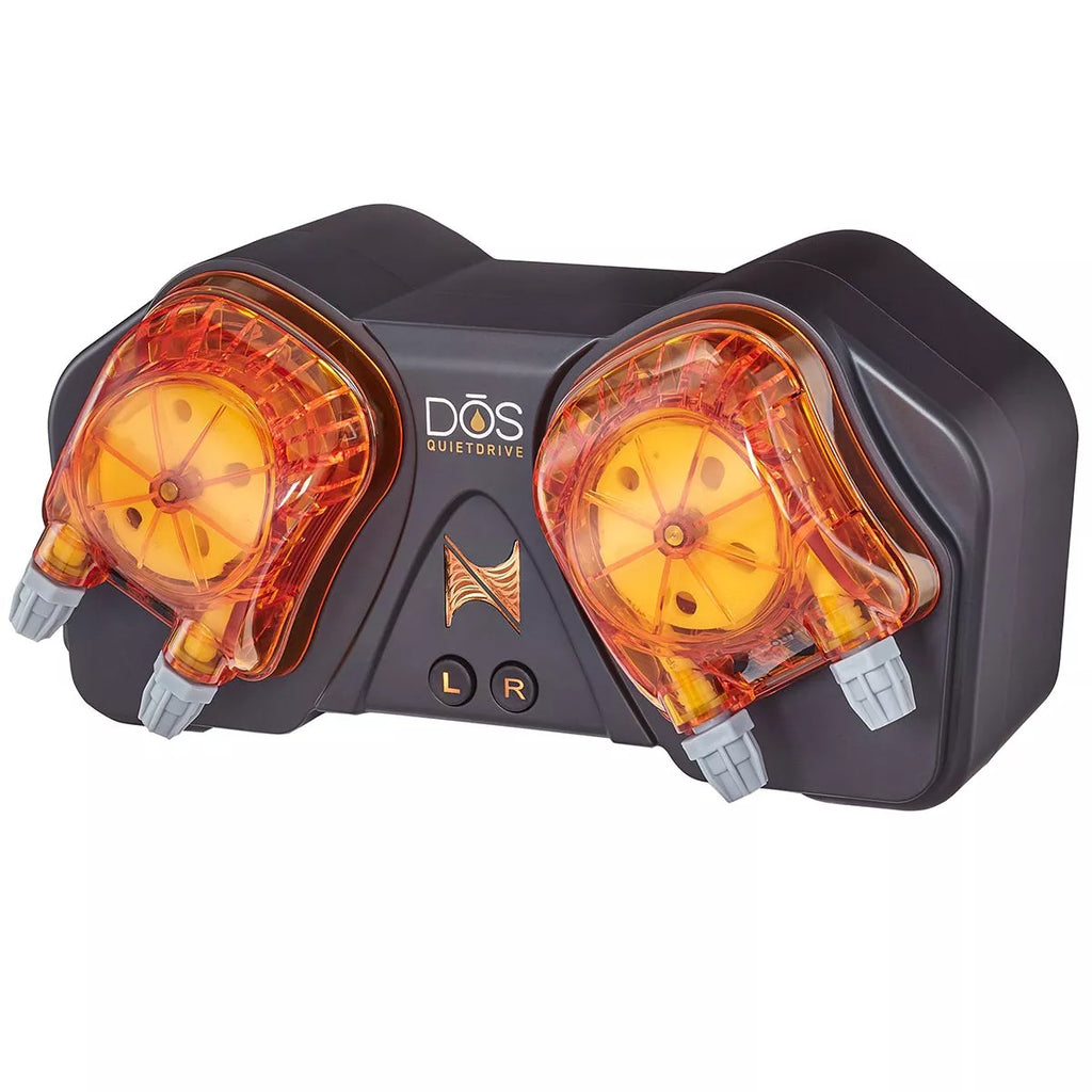 Neptune Systems DOS Quiet Drive System featuring dual transparent orange dosing heads on a black noise-reducing base with labeled L and R pump controls for Apex integration.