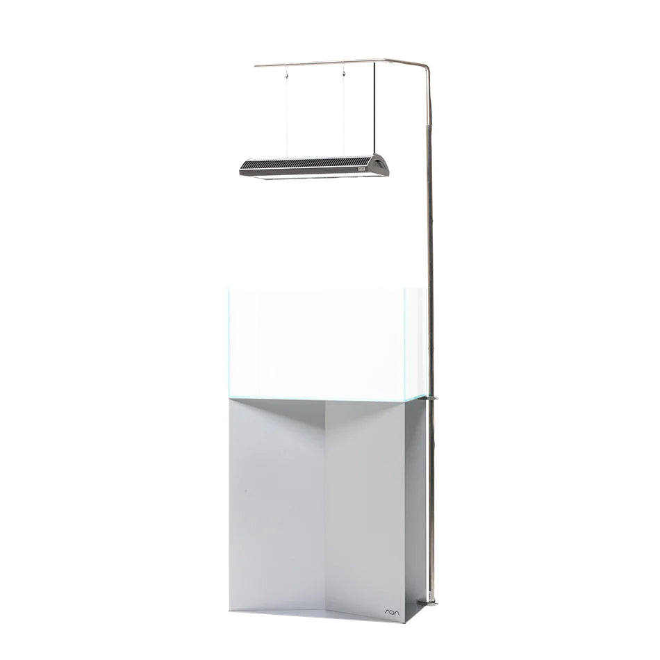 ADA Solar RGB Stand mounted on ADA Metal Cabinet 60, supporting suspended Solar RGB lighting over a rimless aquarium with a sleek, minimalist design
