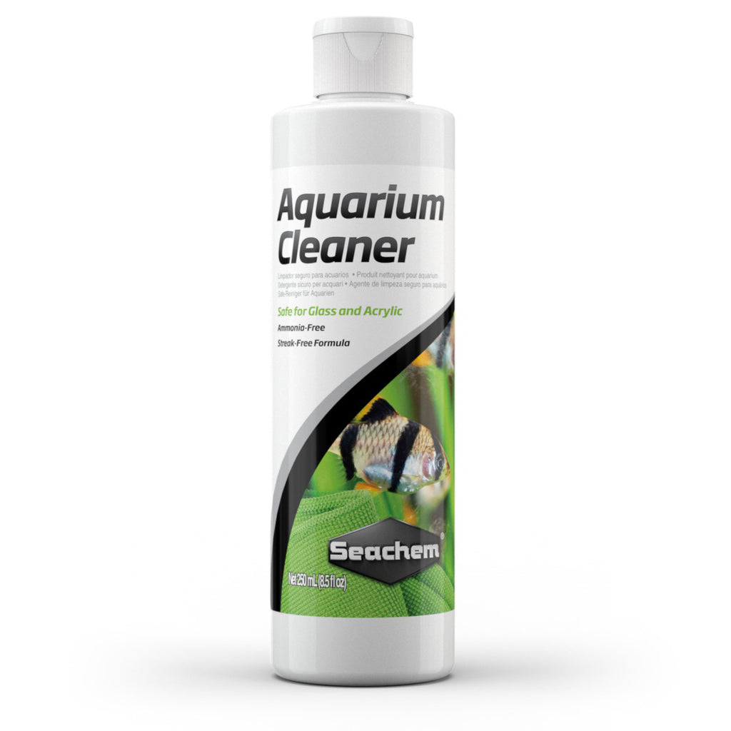 Seachem Aquarium Cleaner 250ml bottle with label showing safe for glass and acrylic, ammonia-free, streak-free formula for aquarium maintenance.