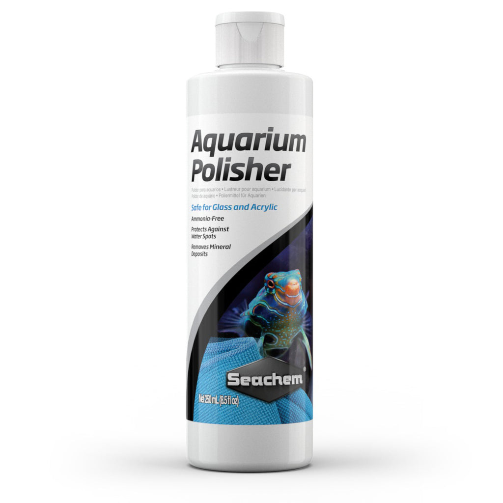 Seachem Aquarium Polisher 250ml bottle showing safe for glass and acrylic, ammonia-free, streak-free cleaner for aquariums with blue microfiber cloth.