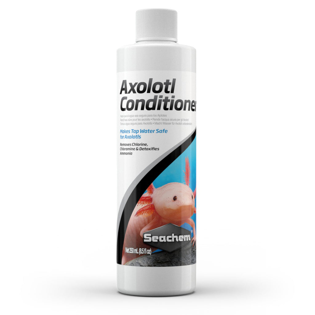 Axolotl Conditioner 250ml bottle, water conditioner for axolotls, removes chlorine, chloramine, detoxifies ammonia, with axolotl image on label.