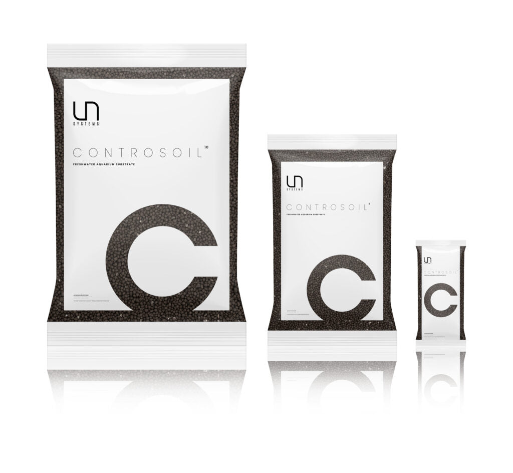 UNS Controsoil aquarium substrate in black, normal granule type – displayed in 10L, 3L, and 1L packaging sizes with minimalist white and black design featuring a bold 'C' graphic