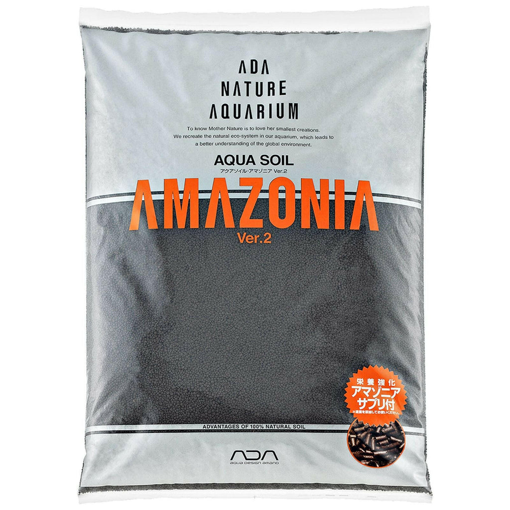 Front view of ADA Aqua Soil Amazonia Ver. 2 in retail packaging, featuring bold orange lettering and black nutrient-rich granules for planted aquariums