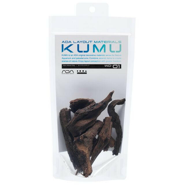 ADA KUMU WO-01 Horn Wood Chip – retail packaging displaying natural aquarium driftwood fragments inside a clear resealable bag, labeled as part of ADA's layout materials series for aquascaping.