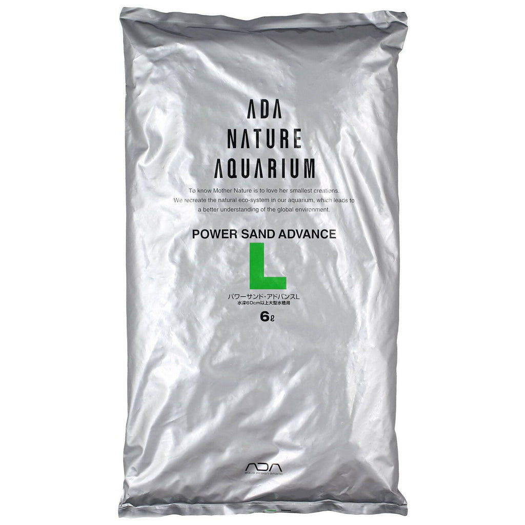 Front view of ADA Power Sand Advance L (6L) in silver packaging with green “L” label, designed for large planted aquariums