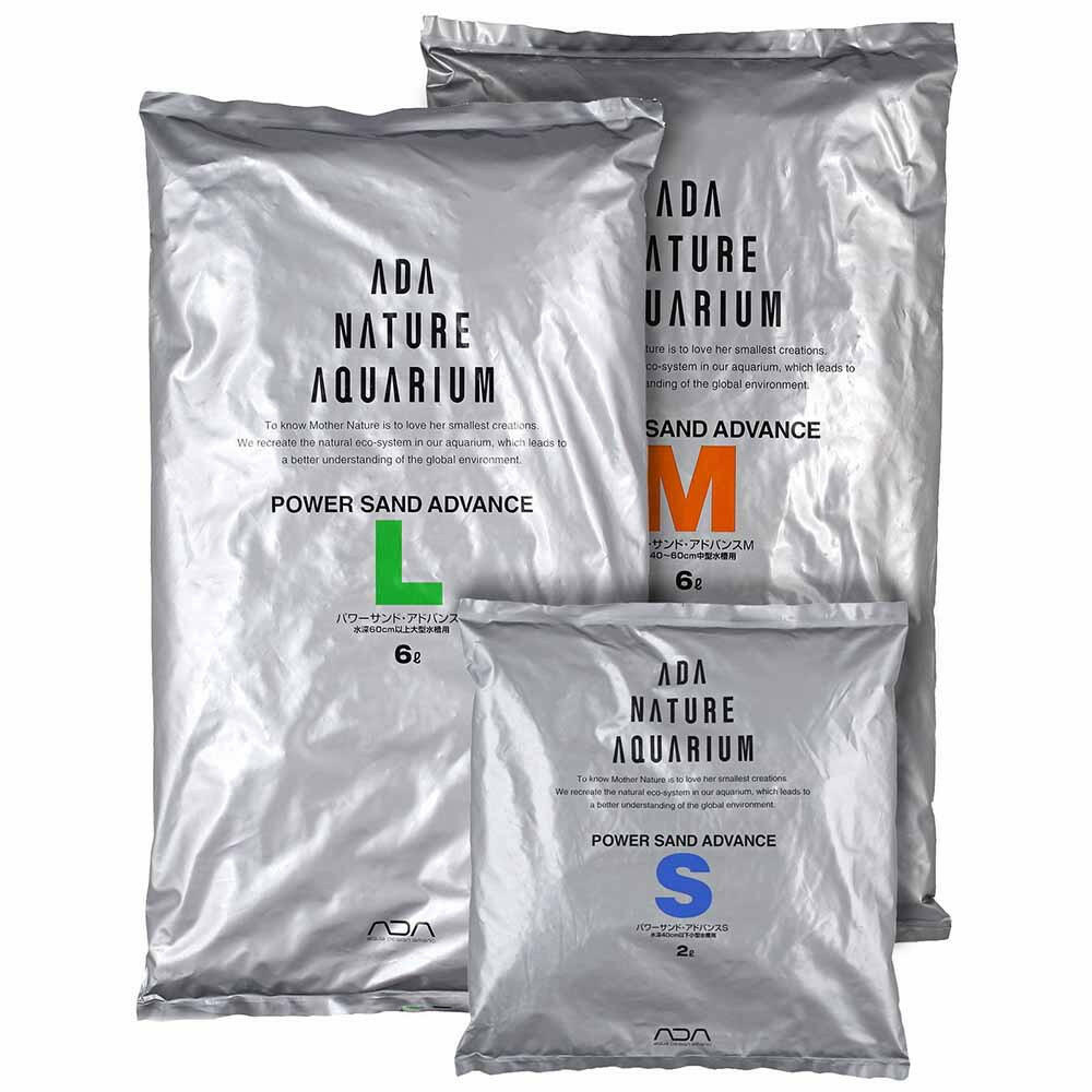 Grouped packaging of ADA Power Sand Advance S, M, and L variants in silver bags, showing size labels for different aquarium applications
