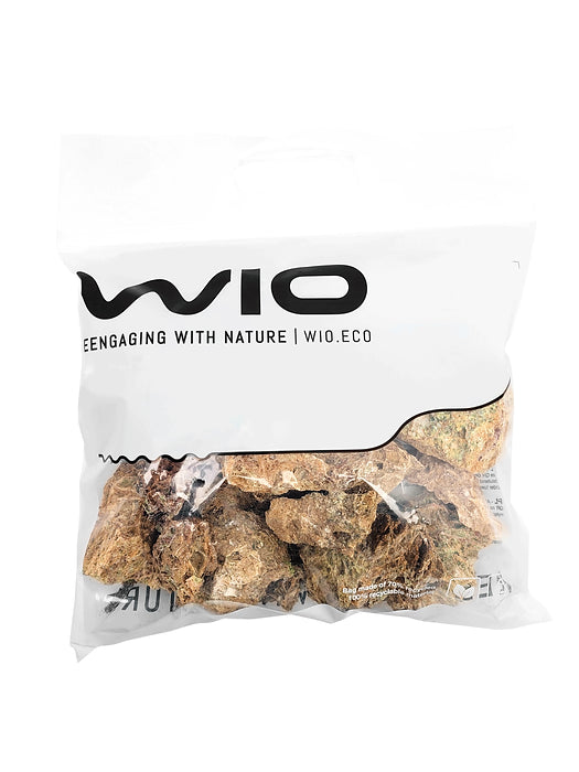 WIO Web Nano Rock in sealed packaging with branding, showcasing natural, porous rocks designed for aquariums, terrariums, and paludariums.