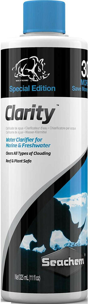 Special edition Seachem Clarity 325 mL bottle for clearing clouding in reef and freshwater tanks.