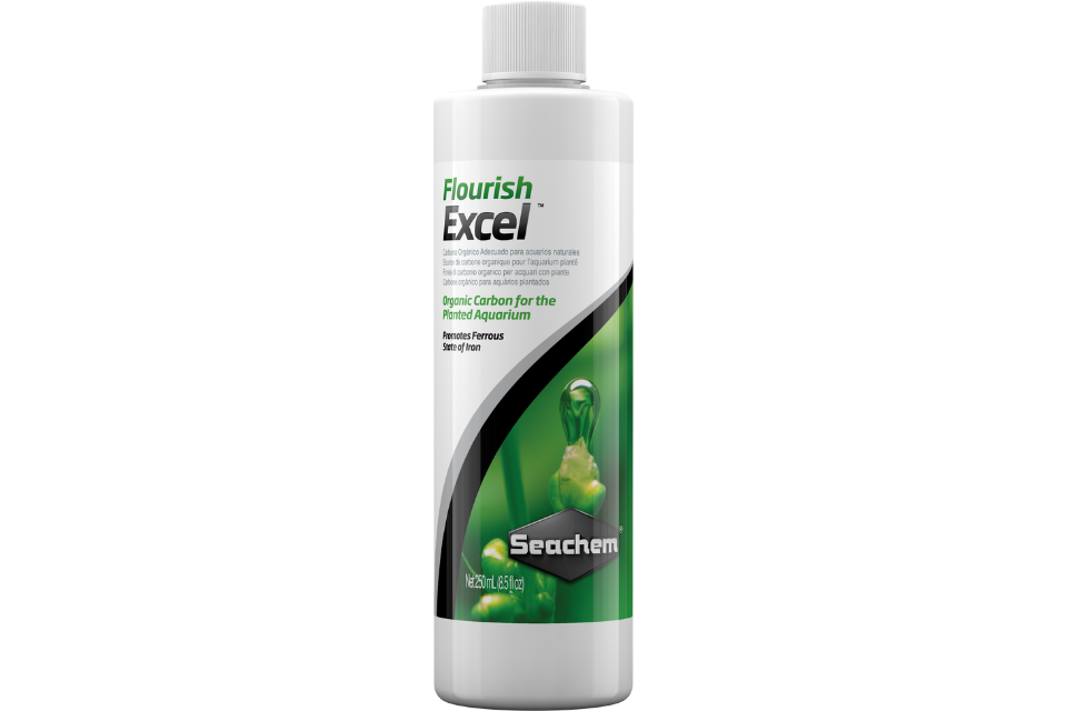 Seachem Flourish Excel 250ml liquid CO₂ alternative for freshwater planted tanks – green-labeled bottle with white cap.